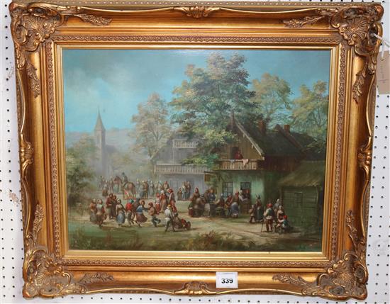 20th Century oil on board, Village scene with peasants dancing, signed Petro(-)